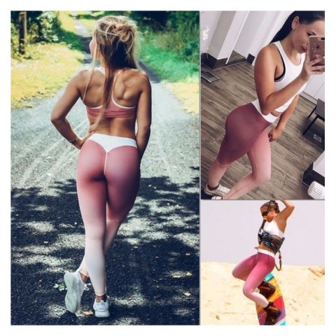 Legginsy sportowe getry fitness damskie różowo białe L