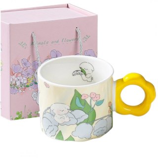 Kubek ceramiczny filiżanka z łyżeczką żółty kwiaty 280 ml