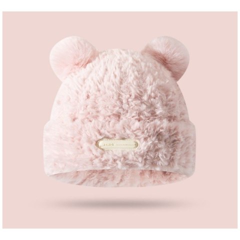 Czapka zimowa pluszowa beanie z uszami misia różowa