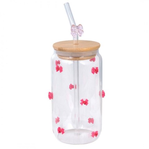 Szklanka kubek z rurką i pokrywką 460ml kokardki cyrkonie