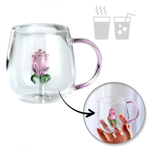 Szklanka kubek z uchem tulipan w środku różowa rączka 400ml