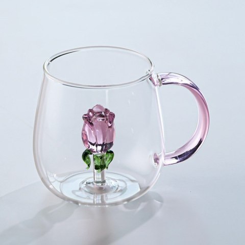 Szklanka kubek z uchem tulipan w środku różowa rączka 400ml