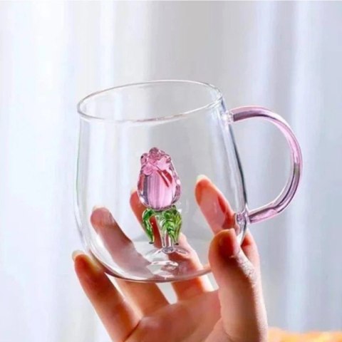 Szklanka kubek z uchem tulipan w środku różowa rączka 400ml