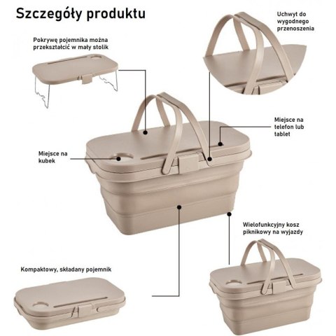 Składany kosz piknikowy stolik pojemnik 3w1 15 l KP03SZ