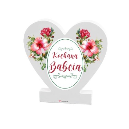Drewniana tabliczka serce z podstawką wzbogacona lakierem UV z napisem "Kochana Babcia". 9,5 x 1,5 x 15 cm