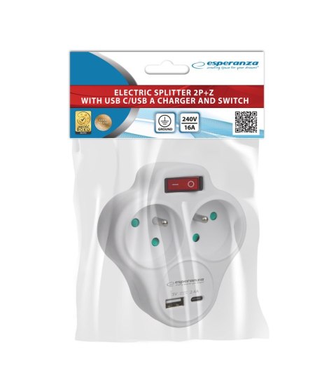 Rozgałęźnik elektryczny z wyłącznikiem 2 gniazda z ładowarką USB-C/USB-A ELK311W