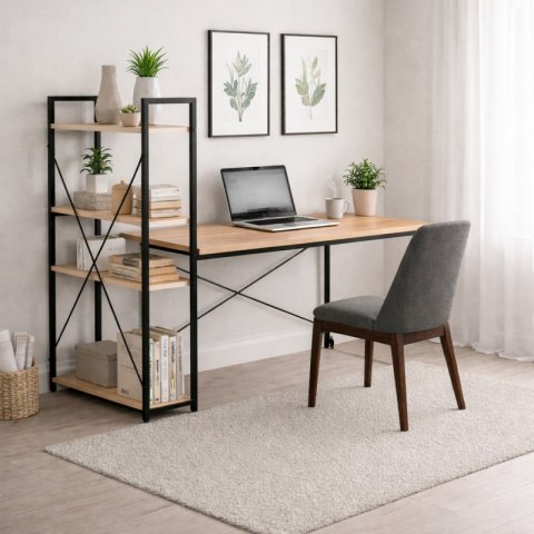 Loftowe biurko komputerowe z regałem, półkami, 120 x 60cm, czarne STL24JBR