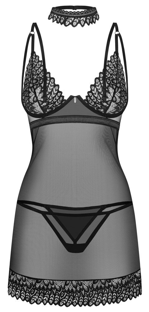 Obsessive Donarella XL/2XL - Czarna koszulka nocna, stringi i choker