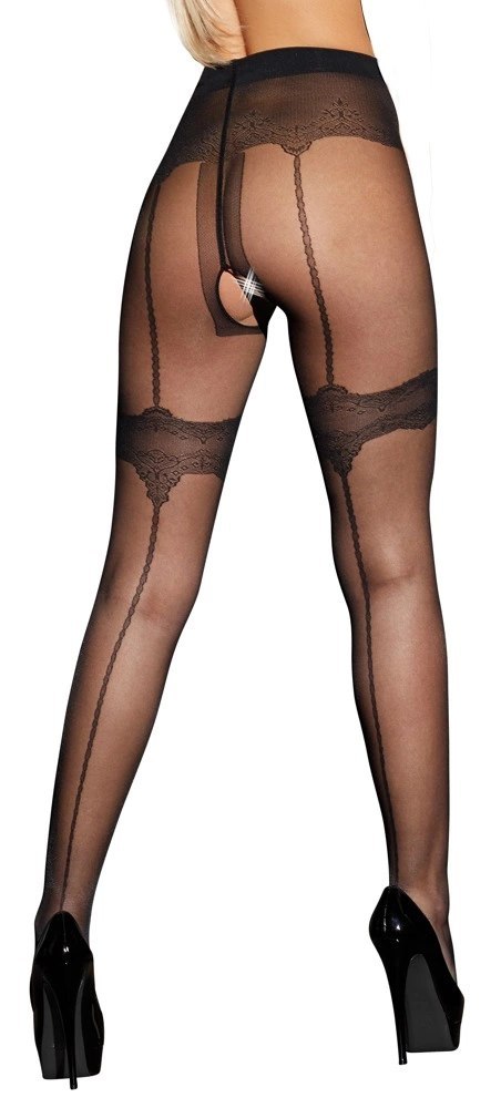 Cottelli LEGWEAR Rajstopy czarne z ozdobnymi szwami i otwartą strefą M