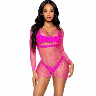 Leg Avenue Siatkowa Sukienka Mini Fuksja z Długim Rękawem One Size