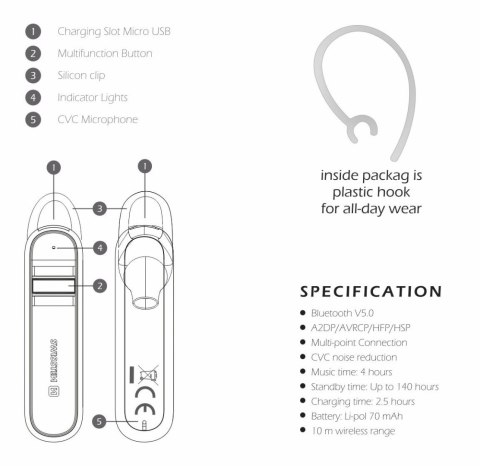 Słuchawka bluetooth do rozmów Headset Swissten Caller - biała