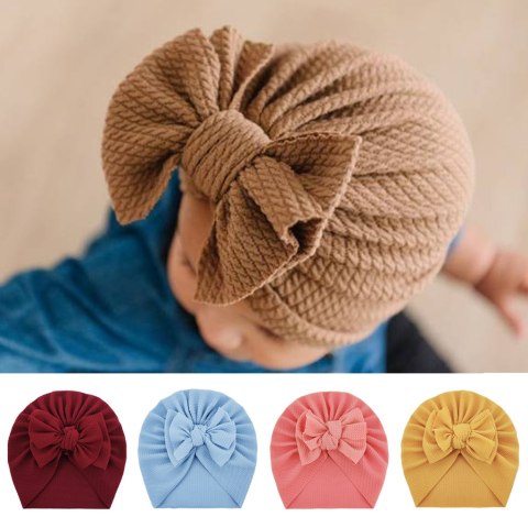 Turban niemowlęcy z kokardką, czapka dziewczęca - jasnobrązowy