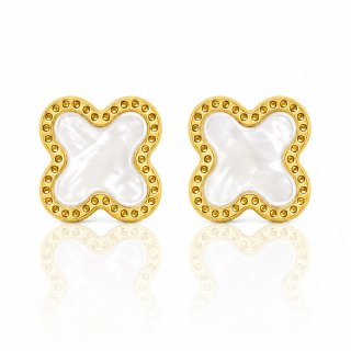 Kolczyki ze stali platerowane 14k, Koniczynka masa perłowa 13mm KST3609