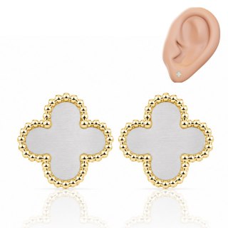 Kolczyki ze stali platerowane 14k złotem, Koniczynka mini biała 6mm KST3604