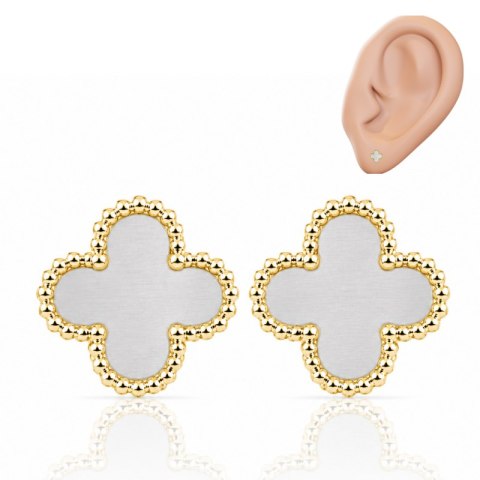 Kolczyki ze stali platerowane 14k złotem, Koniczynka mini biała 6mm KST3604