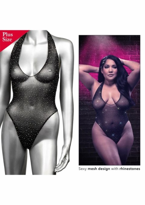 CalExotics Radiance Deep V Bodysuit Plus Size - siateczka, kryształki, 3XL