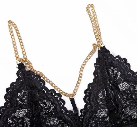 Strappy Three Piece Lace Cut-out Set z łańcuszkami L/XL czarny