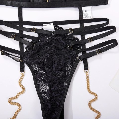 Strappy Three Piece Lace Cut-out Set z łańcuszkami L/XL czarny