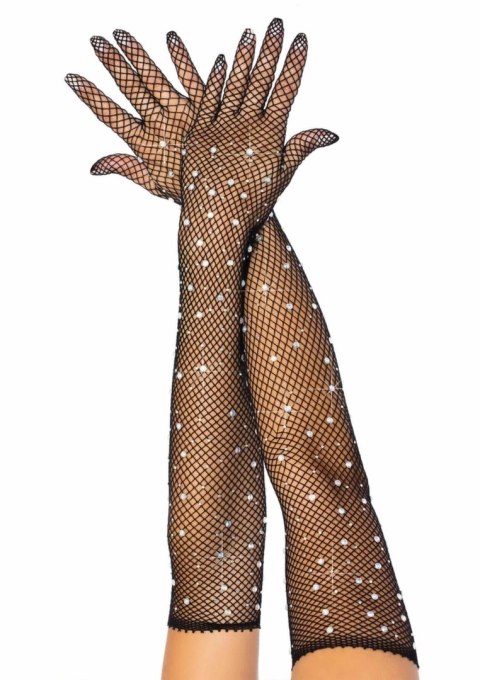 Leg Avenue Rhinestone Fishnet Opera Length Gloves czarne z kryształkami