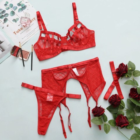 Diamond Net Three Piece Lingerie Set L/XL Czerwony komplet bielizny
