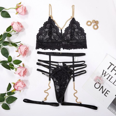 Strappy Three Piece Lace Cut-out Set z łańcuszkami L/XL czarny