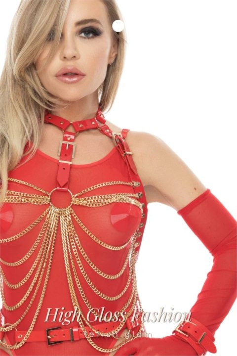 Kinky Diva Buckled Chain Top - regulowany top z łańcuchami, czarny połysk