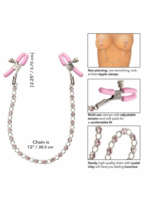 CalExotics Crystal Nipple Teasers regulowane klamry z łańcuszkiem i kryształami