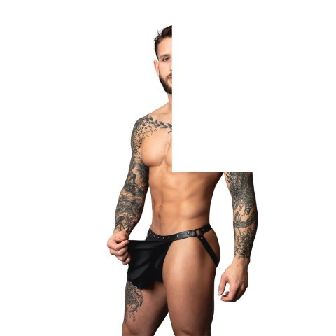 Male Power Jock Skirt L/XL Czarny Skorzany Efekt Z Elementami Metalowymi