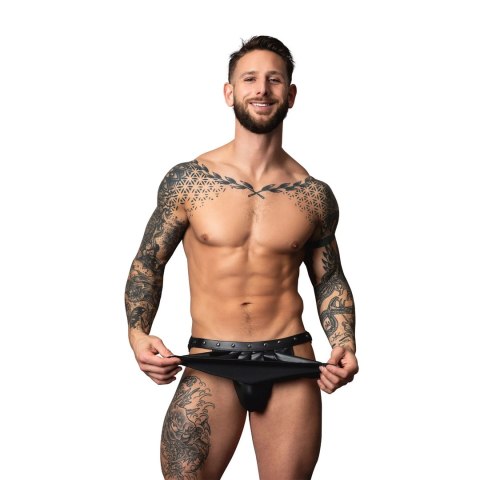 Male Power Jock Skirt L/XL Czarny Skorzany Efekt Z Elementami Metalowymi