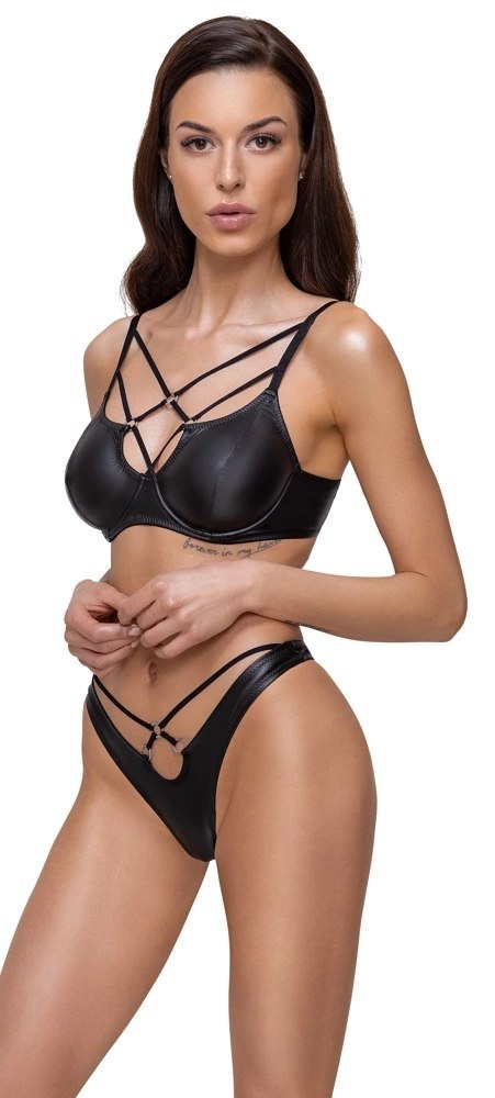Cottelli LINGERIE Set 2-częściowy czarny matowy ozdobne paski 75B/S