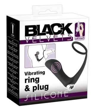 Black Velvets Pierścień z wibrującą wtyczką analną i mostkiem - czarny