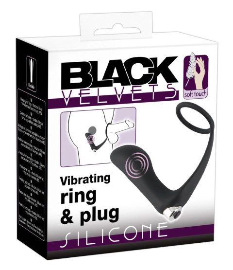 Black Velvets Pierścień z wibrującą wtyczką analną i mostkiem - czarny