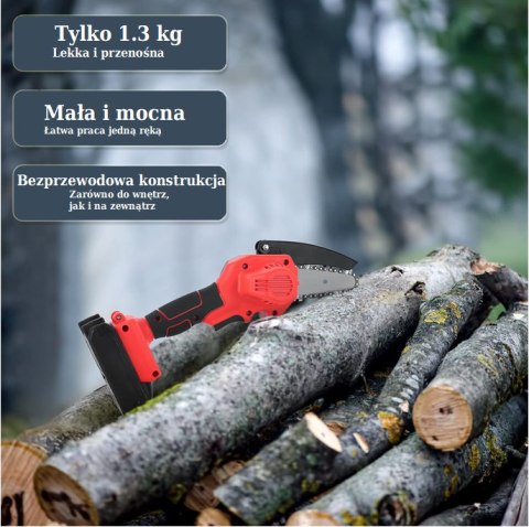 Akumulatorowa mini piła łańcuchowa HEDO czerwona, 2 akumulatory w zestawie