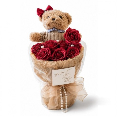 Flower box, bukiet zapachowych kwiatów mydlanych z MISIEM 8szt. BUK31CZE