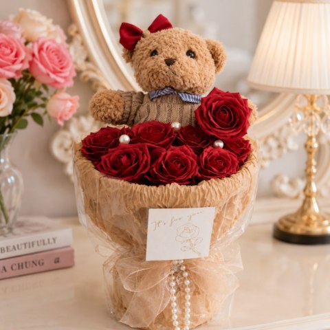Flower box, bukiet zapachowych kwiatów mydlanych z MISIEM 8szt. BUK31CZE